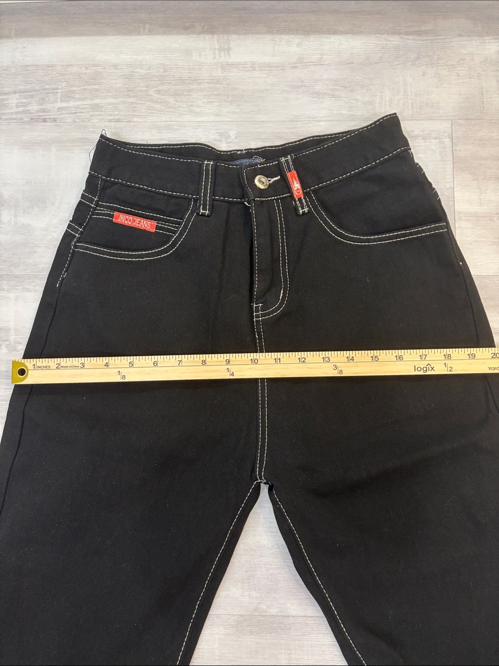 JNCO Black Boot Cut Jeans with White Contrast Stitching and Red Tab size small - Picture 8 of 9